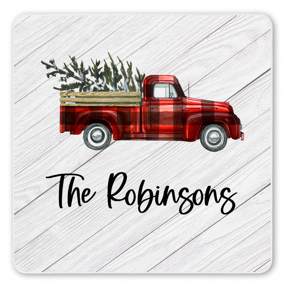 Personalized Family Name Red Plaid Rustic Truck Coaster Set
