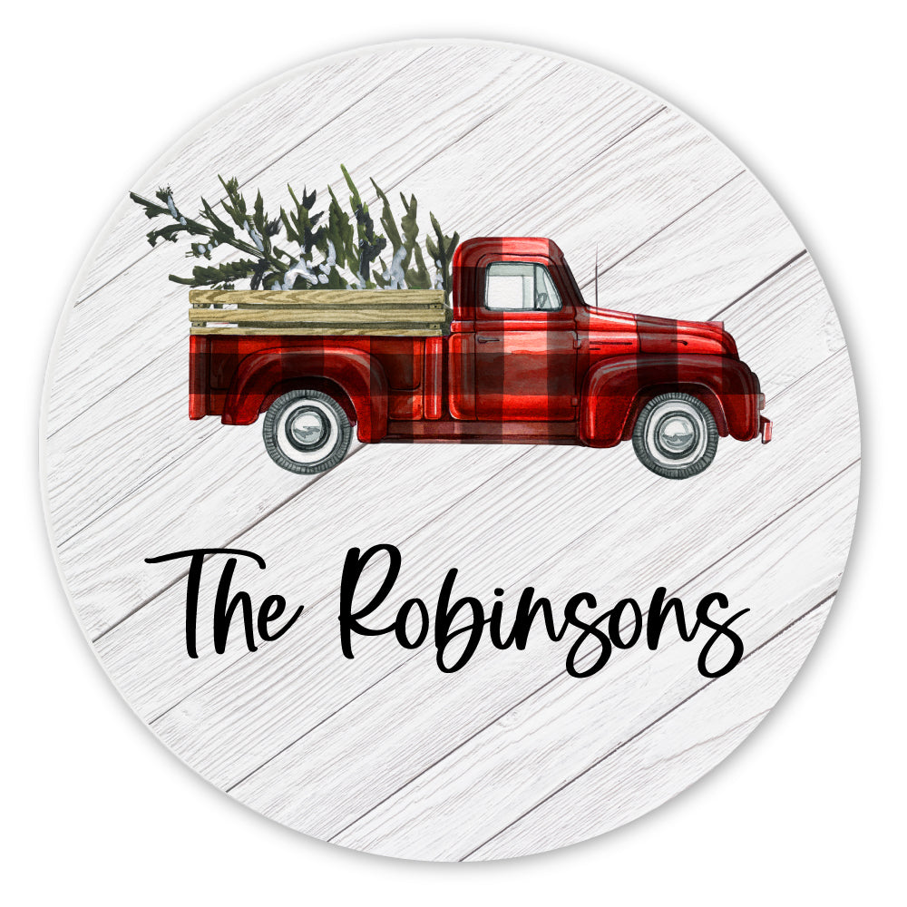 Personalized Family Name Red Plaid Rustic Truck Coaster Set - 0