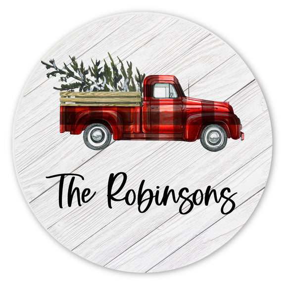 Personalized Family Name Red Plaid Rustic Truck Ceramic Coaster Set
