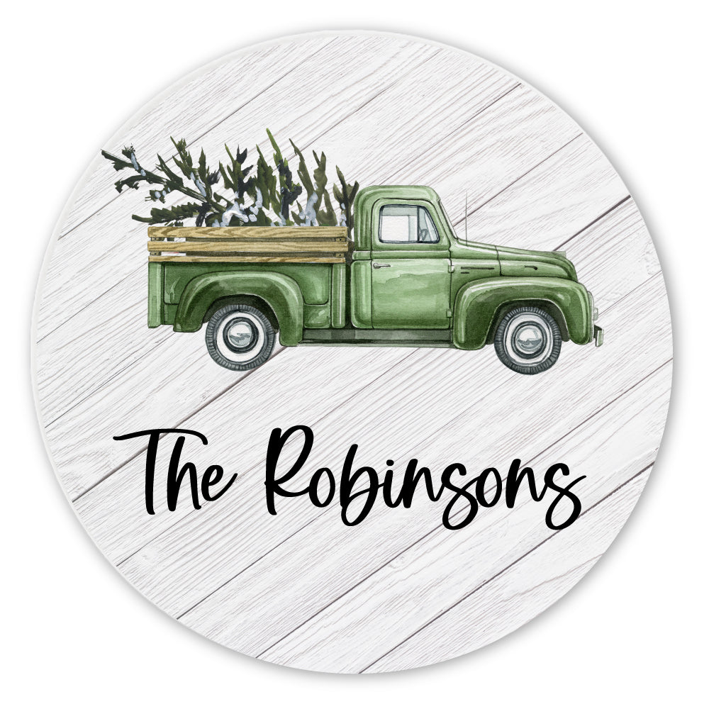 Personalized Family Name Green Rustic Truck Coaster Set
