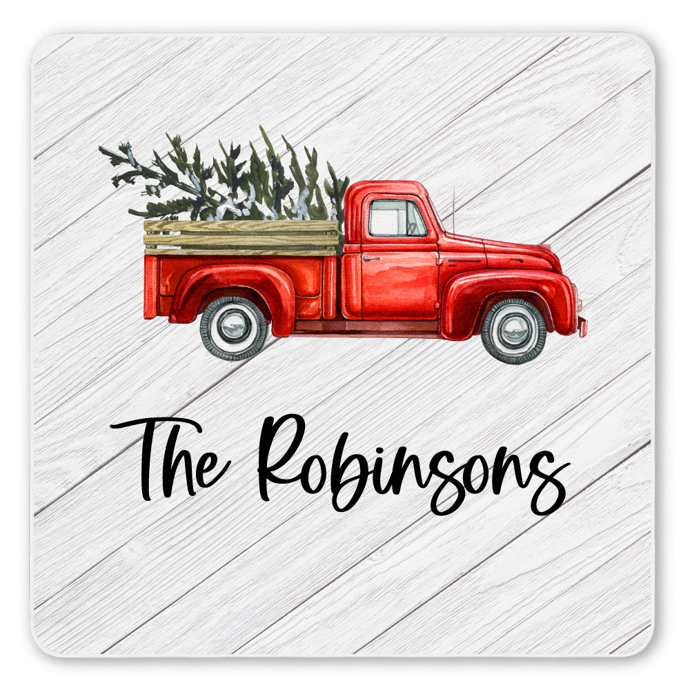 Personalized Family Name Red Rustic Truck Coaster Set
