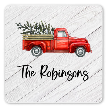 Personalized Family Name Red Rustic Truck Ceramic Coaster Set