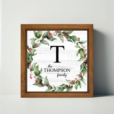 Christmas Spirit Family Monogram Berry Wreath Sign