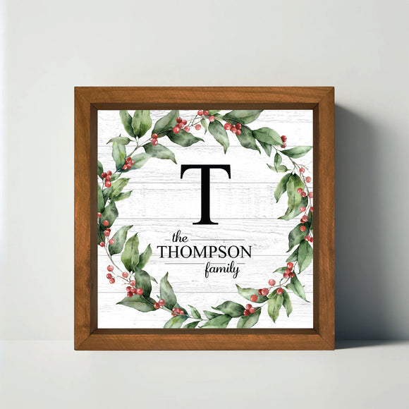Christmas Spirit Family Monogram Berry Wreath Sign