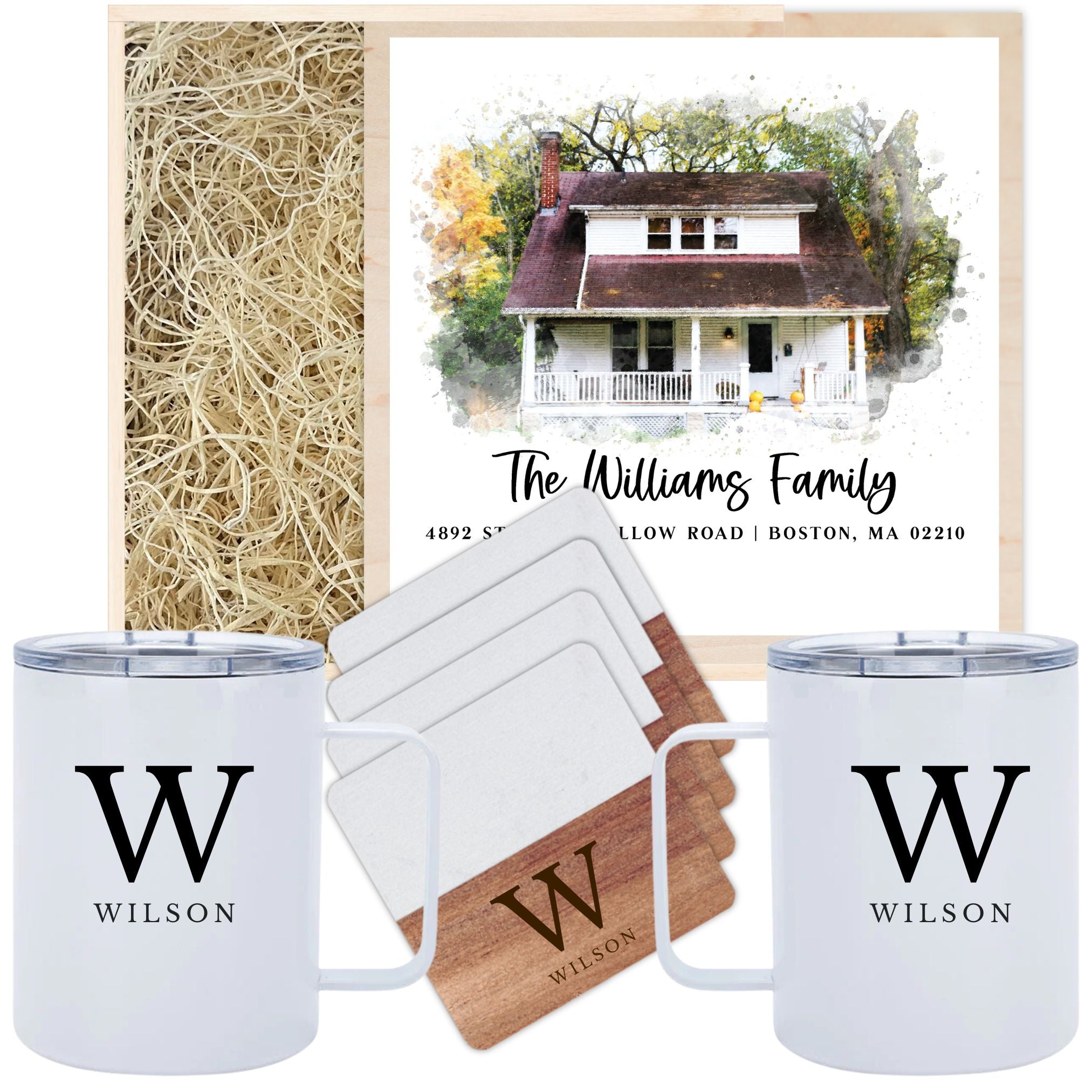 Realtor Closing Gift - Wooden Keepsake Box with Watercolor House Print & Mugs Box - 0