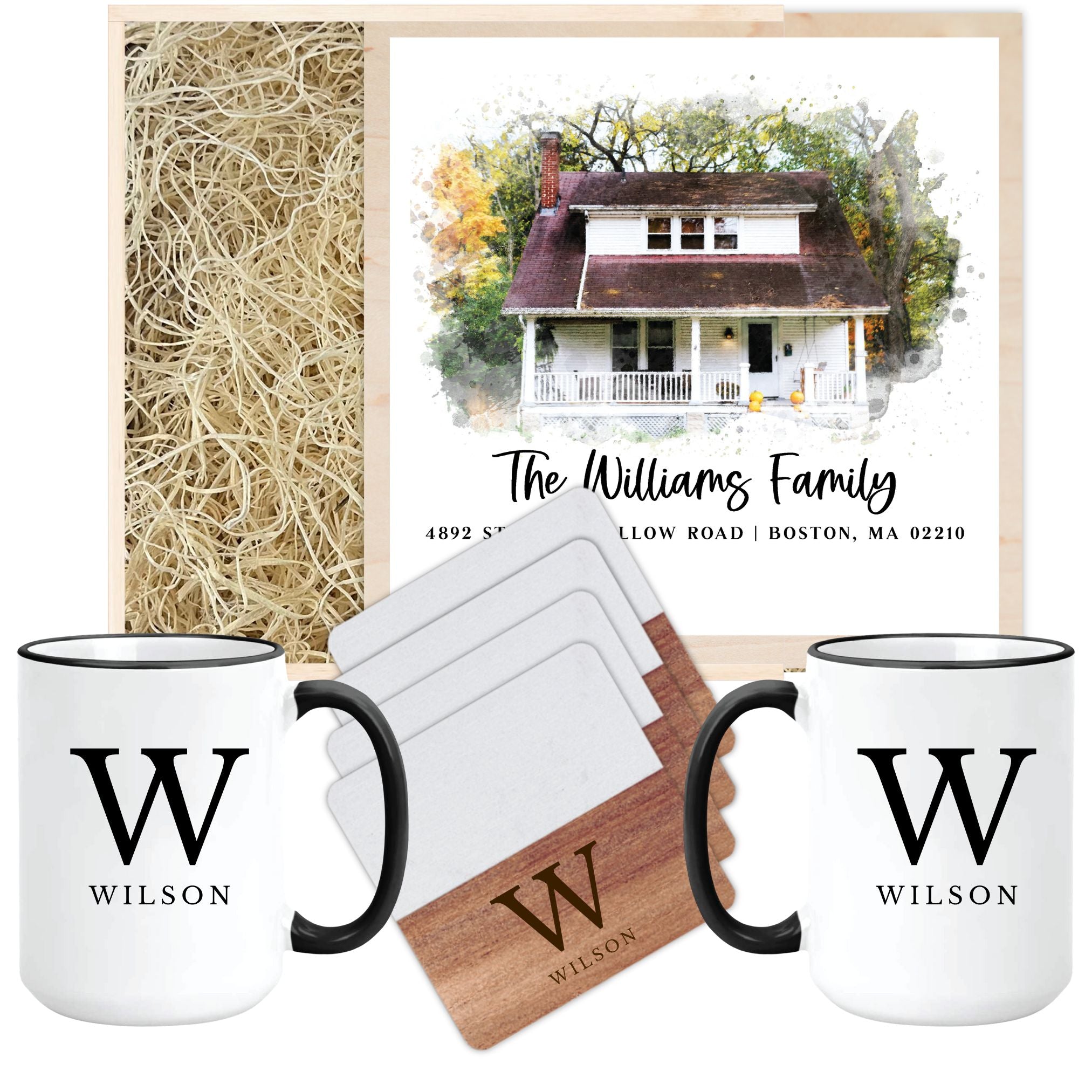 Realtor Closing Gift - Wooden Keepsake Box with Watercolor House Print & Mugs Box