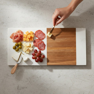 Personalized Marble & Rectangular Wood Charcuterie Board | Custom Engraved Serving Board for Gifts & Corporate