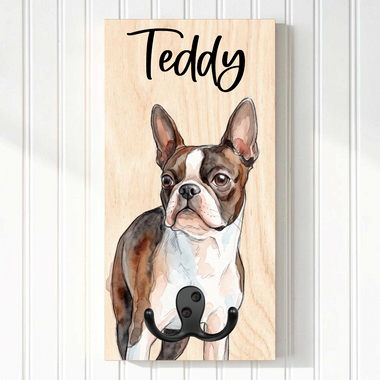 Vertical Personalized Dog Leash Holder for Wall – Custom Pet Photo & Name Portrait Leash Hanger with 2 Hooks