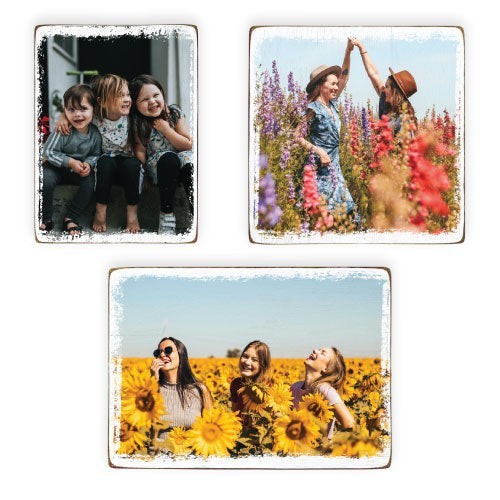 Red Bird Gift Company custom UV-printed photo wood blocks featuring rustic distressed edges and natural wood grain