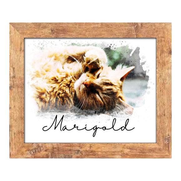 Red Bird Gift Company custom watercolor pet memorial portrait of a cat named Marigold in a rustic brown pine frame.